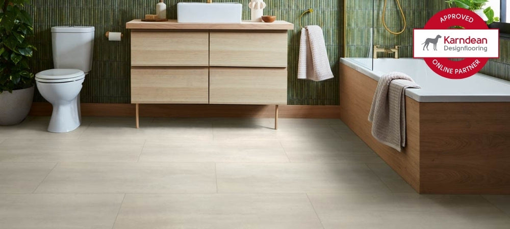 Bathroom with wooden vanity, toilet, and bathtub, featuring Karndean Design logo with Karndean flooring from £12.99