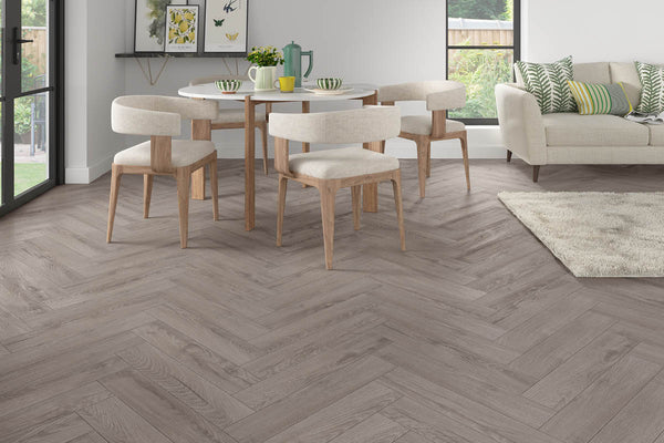 Series Woods 8mm Herringbone Laminate Flooring Sterling Grey Oak