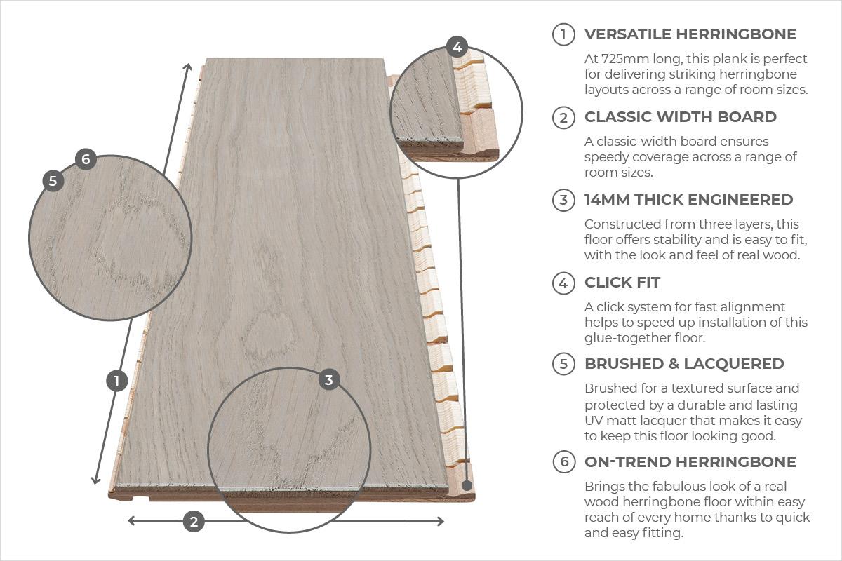 Natura 14mm x 130mm Oak Silver Herringbone Engineered Wood Lacquered RW-NTHB-14-215