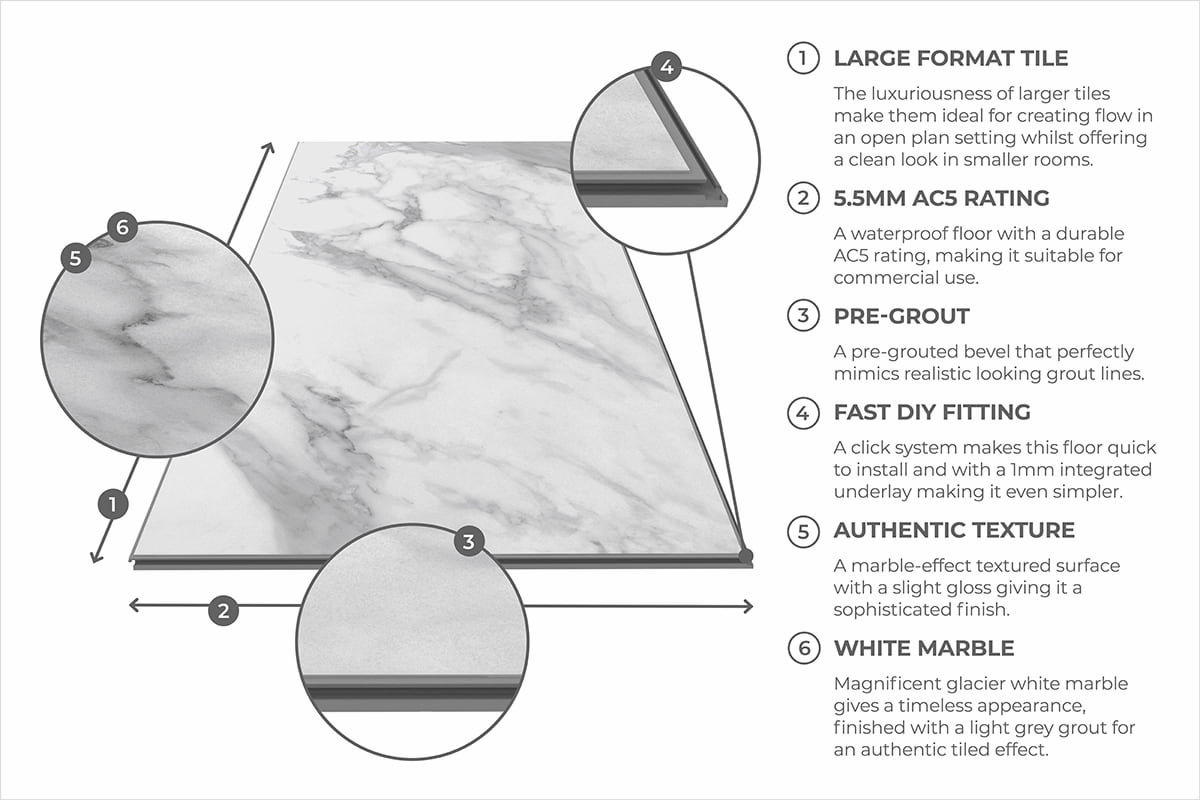 Flooring Supplies Rigid Core Pre-Grout Click Vinyl Flooring White Marble Tile XT-3860